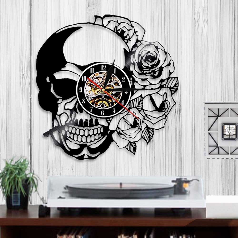 Skull With Rose Wall Clock