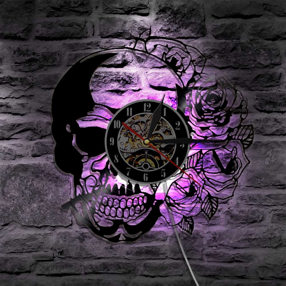 Skull With Rose Wall Clock